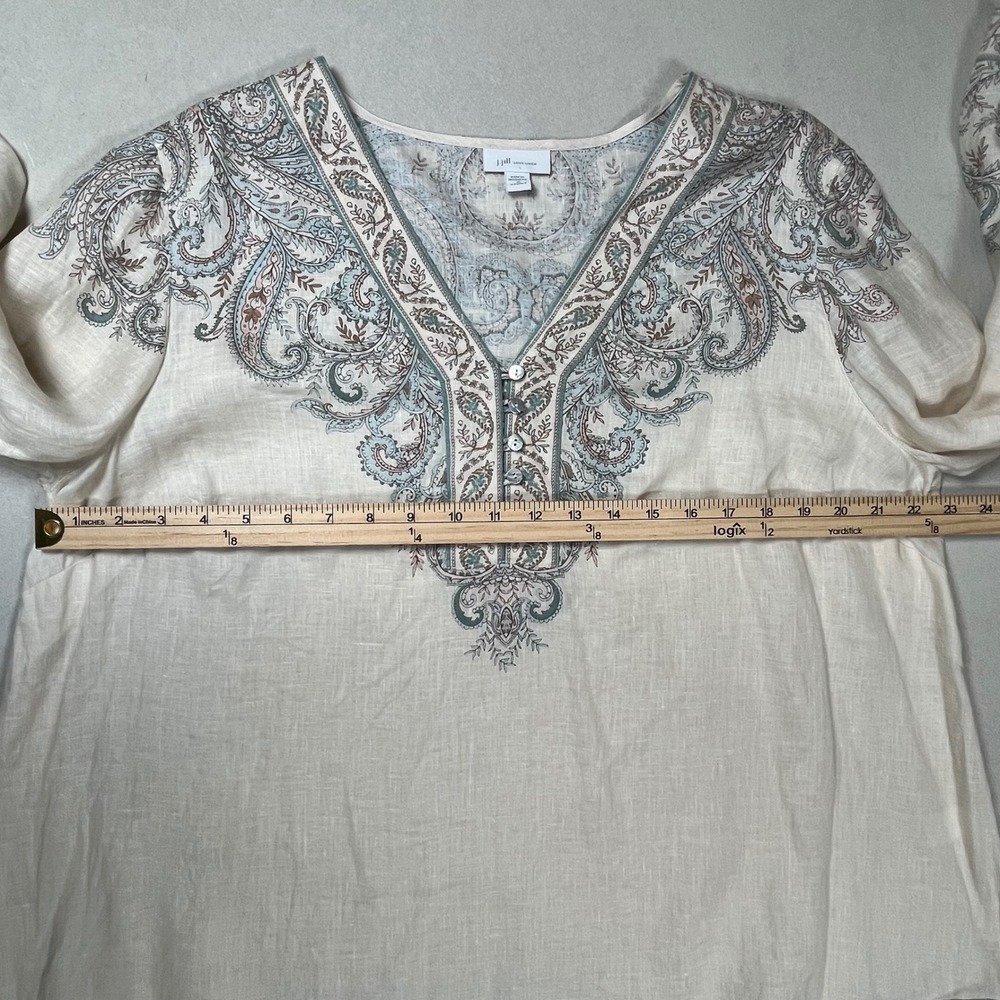 J. Jill Paisley Linen Tunic Womens 1X Cream Blue Boho 3/4 Bell Sleeve Top - Picture 7 of 8